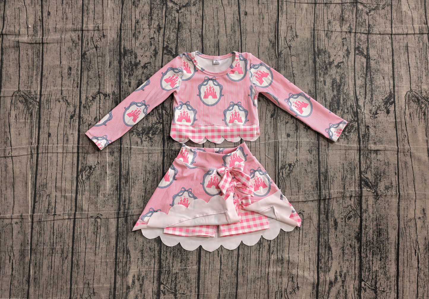 (Sample) No moq GLD1601 Yoga Baby Girls Pink Stripe Scallop Edge Skort Summer Yoga Set