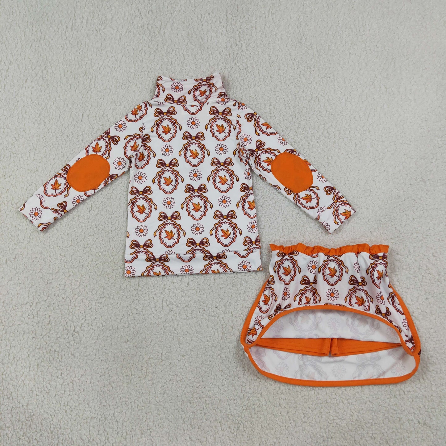 NEW RTS NO MOQ milk silk GLD1602 Baby Girls Long Sleeve Bow Leaf Print Zip Pullover Top Skirt Outfit