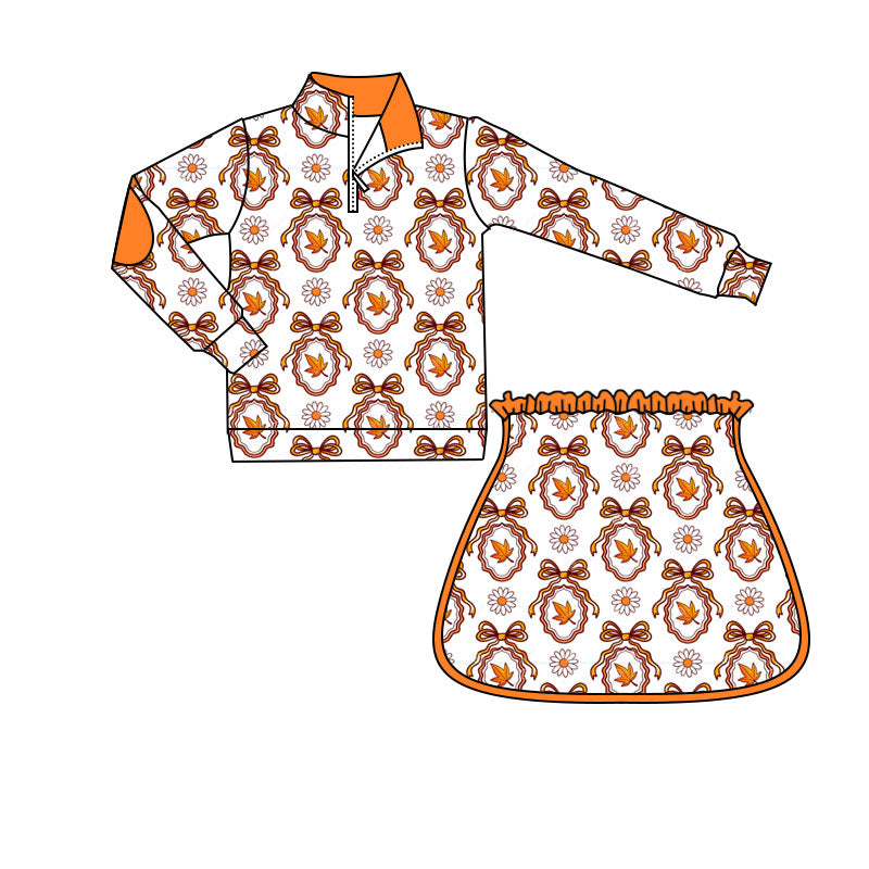 (Preorder new) No moq GLD1602 Baby Girls Long Sleeve Bow Leaf Print Zip Pullover Top Skirt Set