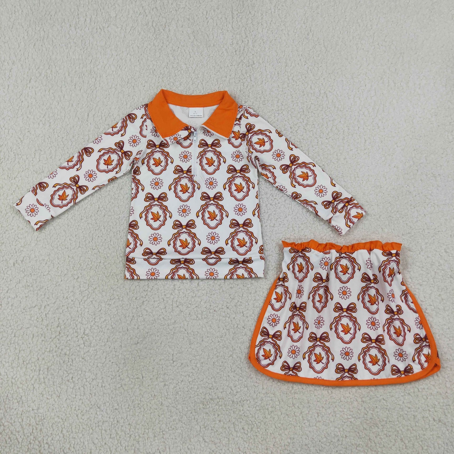 NEW RTS NO MOQ milk silk GLD1602 Baby Girls Long Sleeve Bow Leaf Print Zip Pullover Top Skirt Outfit