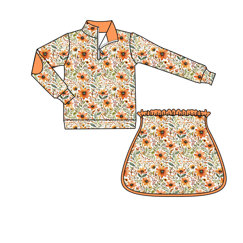 (Pre Order) No moq GLD1606  Baby Girls Floral Long Sleeve Zip Pullover Short Skirt Clothes Set