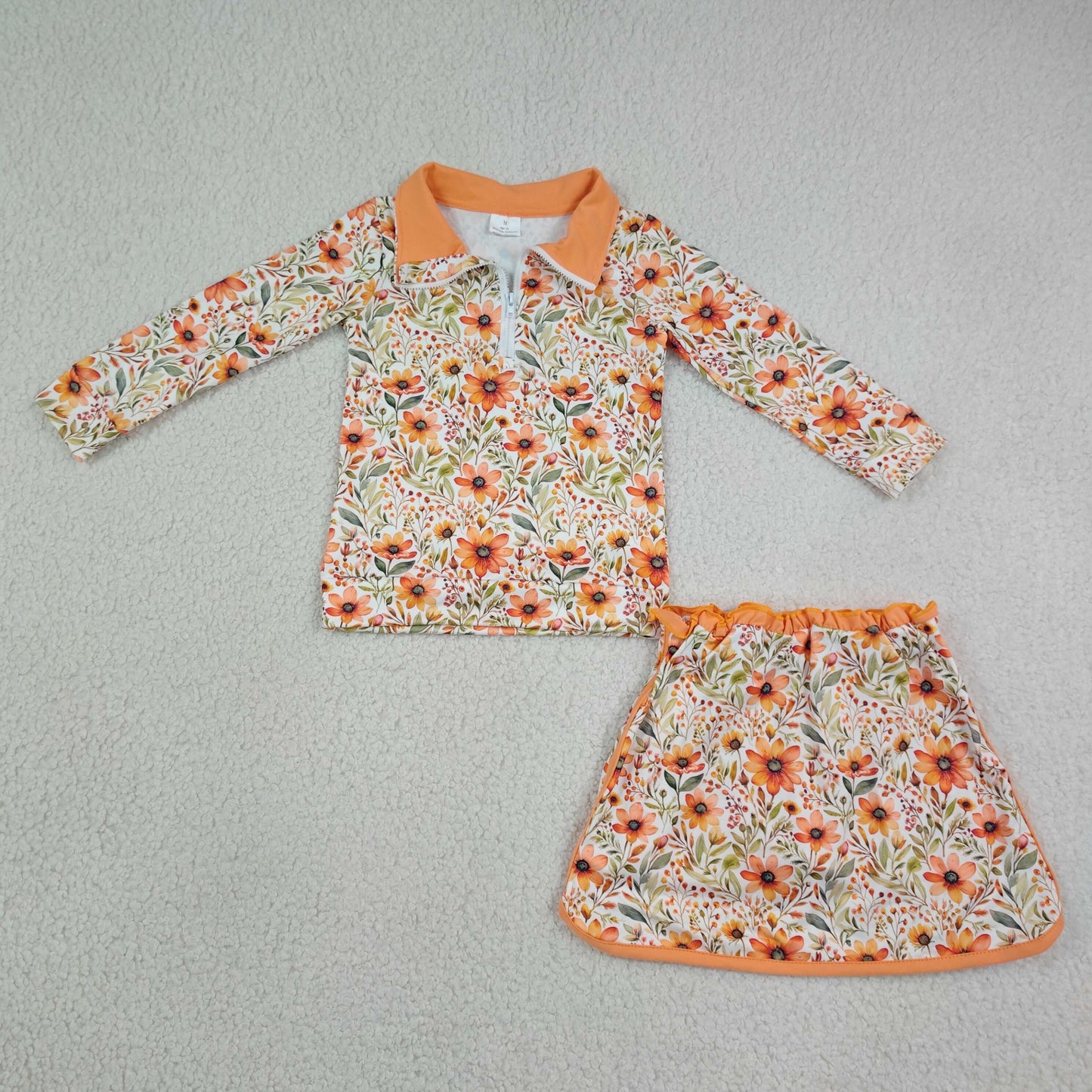 RTS NO MOQ Sibling milk silk Baby Girls Flower Print Zip Top Matching Scallop Skort Two Piece Christmas Clothes Set