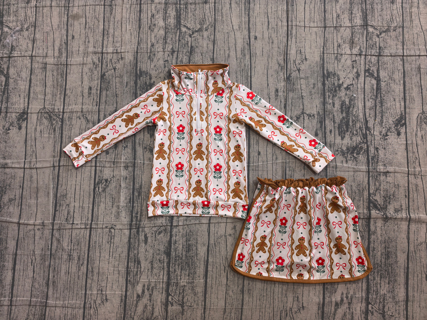 (Sample) No moq GLD1607 Baby Girls Christmas Flower Gingerbread Bow Striped Zip Top Ruffle Short Skirt Daily Holiday Outfit