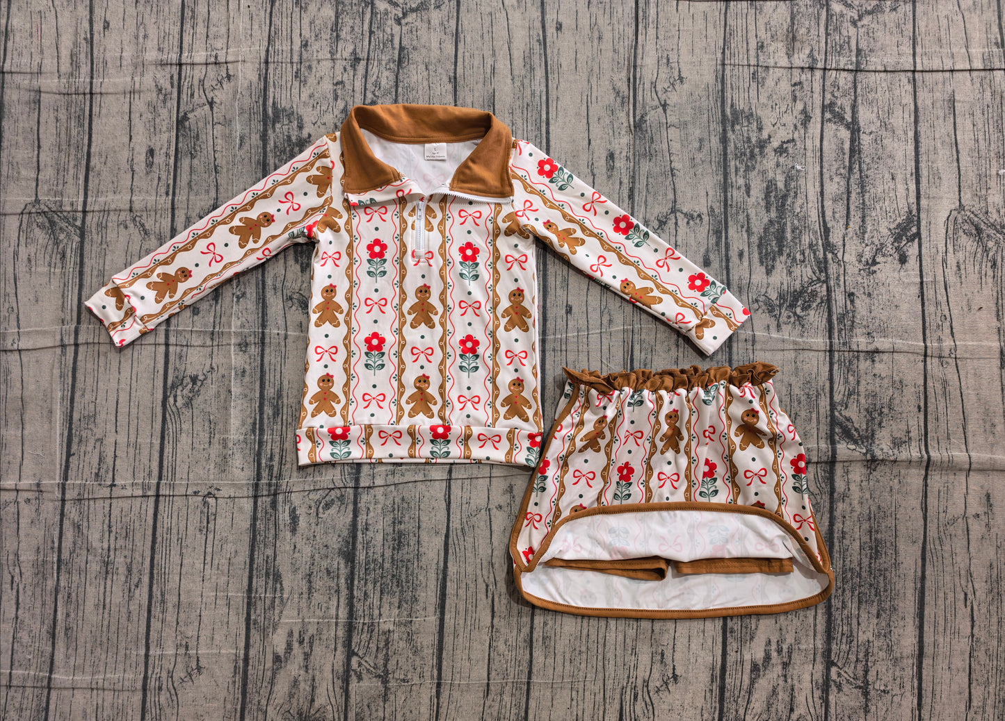 (Sample) No moq GLD1607 Baby Girls Christmas Flower Gingerbread Bow Striped Zip Top Ruffle Short Skirt Daily Holiday Outfit