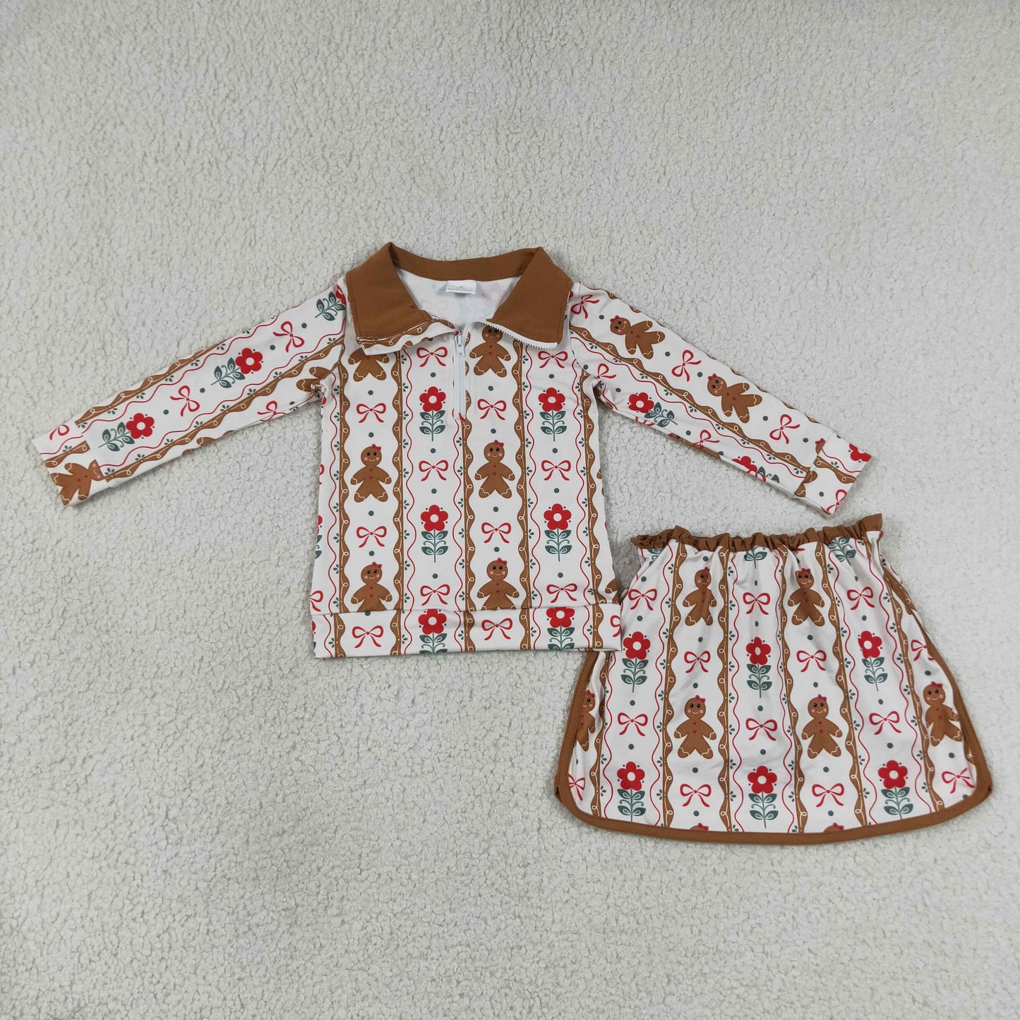 RTS NO MOQ Sibling milk silk Baby Girls Flower Print Zip Top Matching Scallop Skort Two Piece Christmas Clothes Set