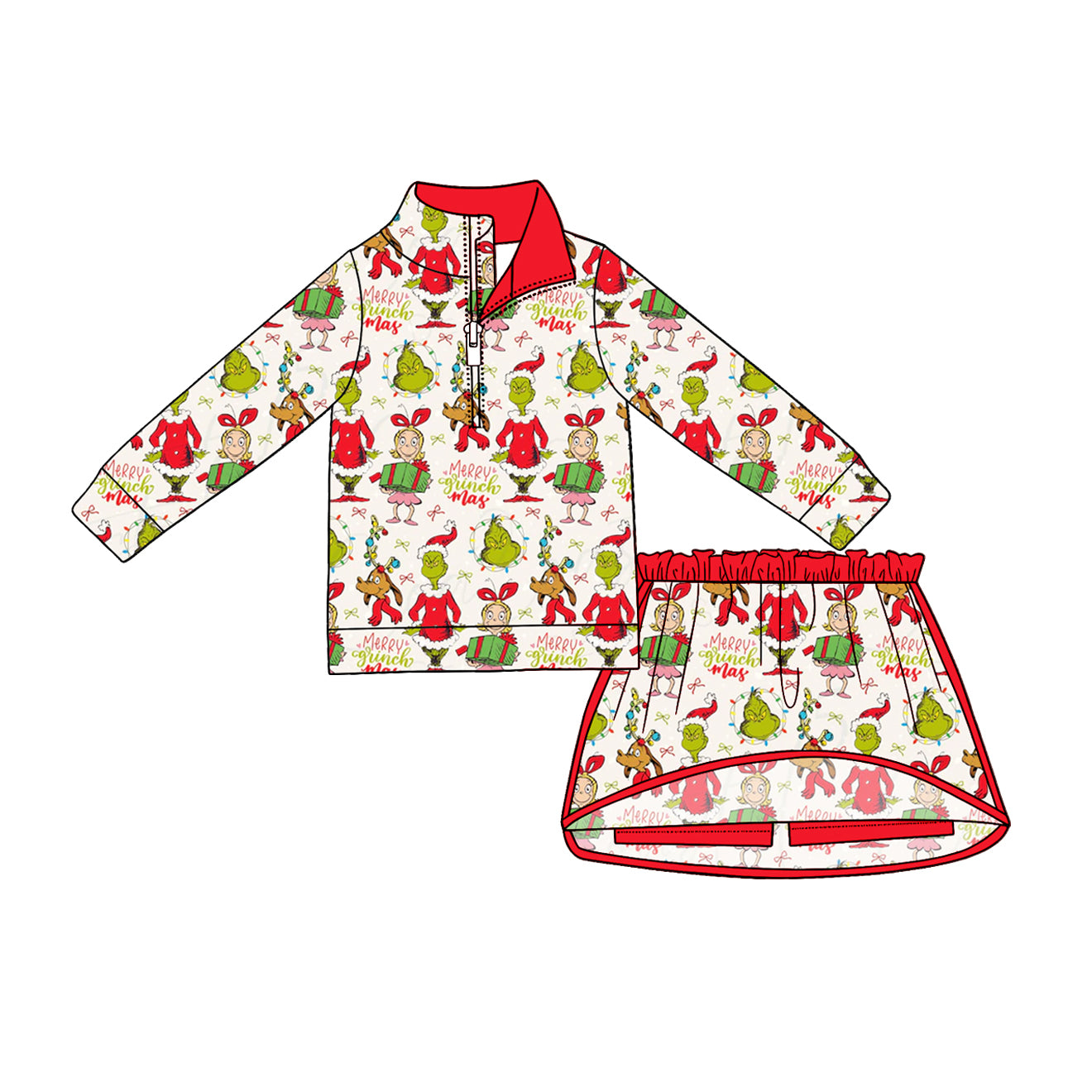 (Pre Order) No moq Baby Girls Cute Long Sleeve Zip Top Skirt Short Christmas Clothes Sets