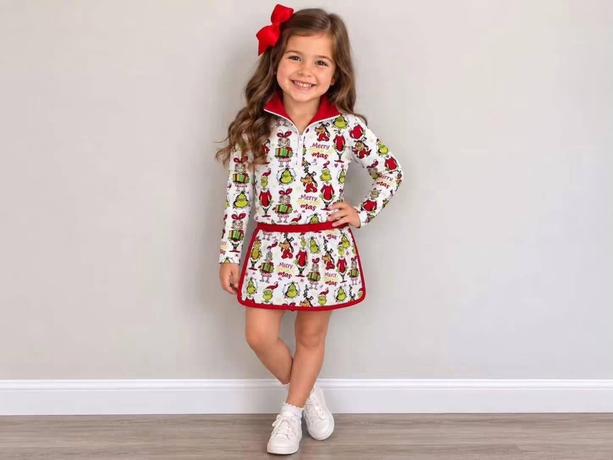 NEW RTS NO MOQ milk silk GLD1608 Baby Girls Christmas Printed Zip Front Top Short Skirt Sets