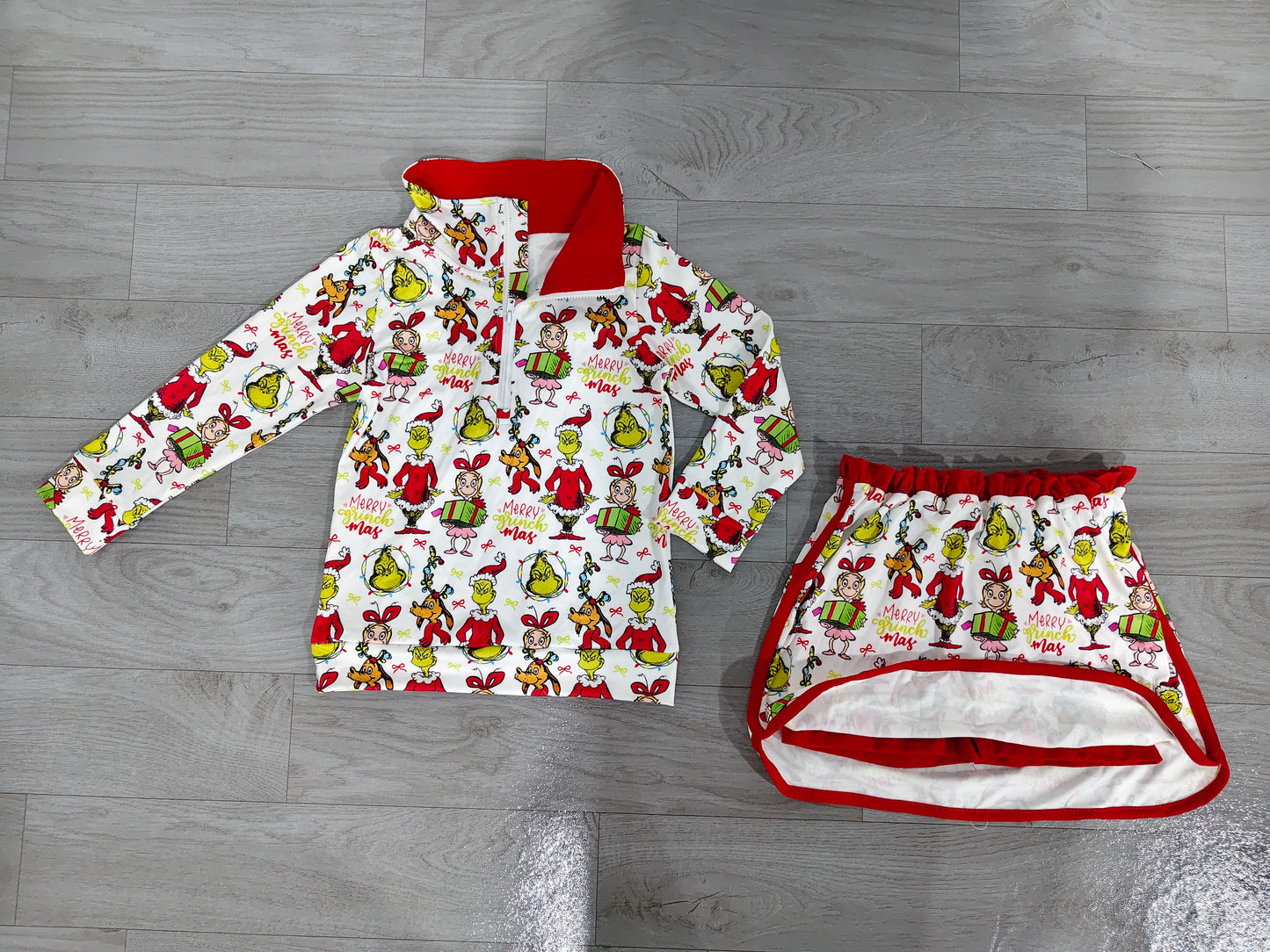 (Sample) No moq milk silk GLD1608 Baby Girls Christmas Printed Zip Front Top Short Skirt Clothes Sets