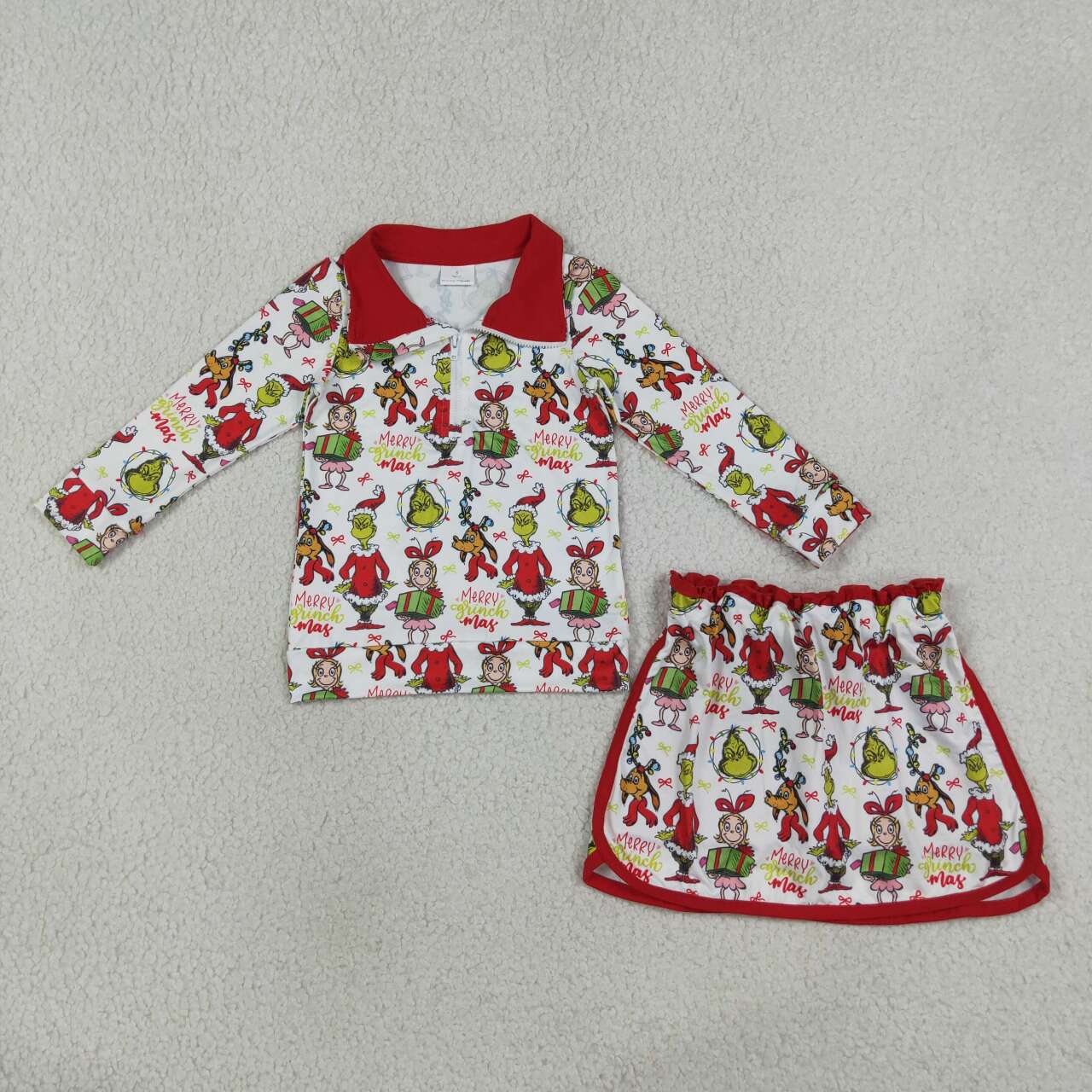 NEW RTS NO MOQ milk silk GLD1608 Baby Girls Christmas Printed Zip Front Top Short Skirt Sets