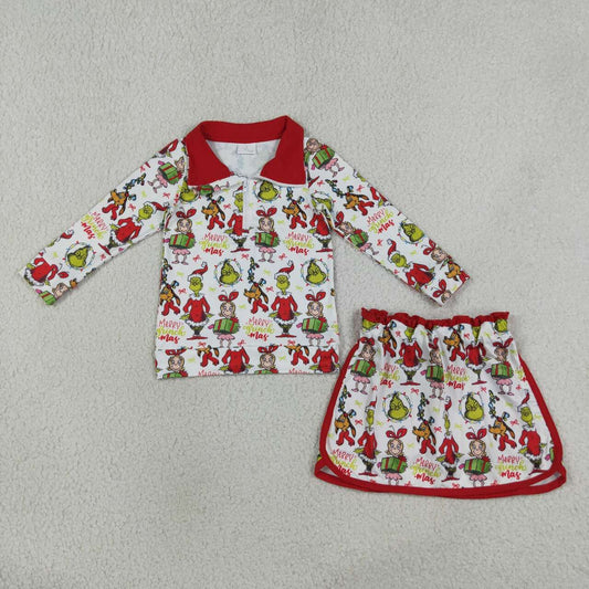 NEW RTS NO MOQ milk silk GLD1608 Baby Girls Christmas Printed Zip Front Top Short Skirt Sets
