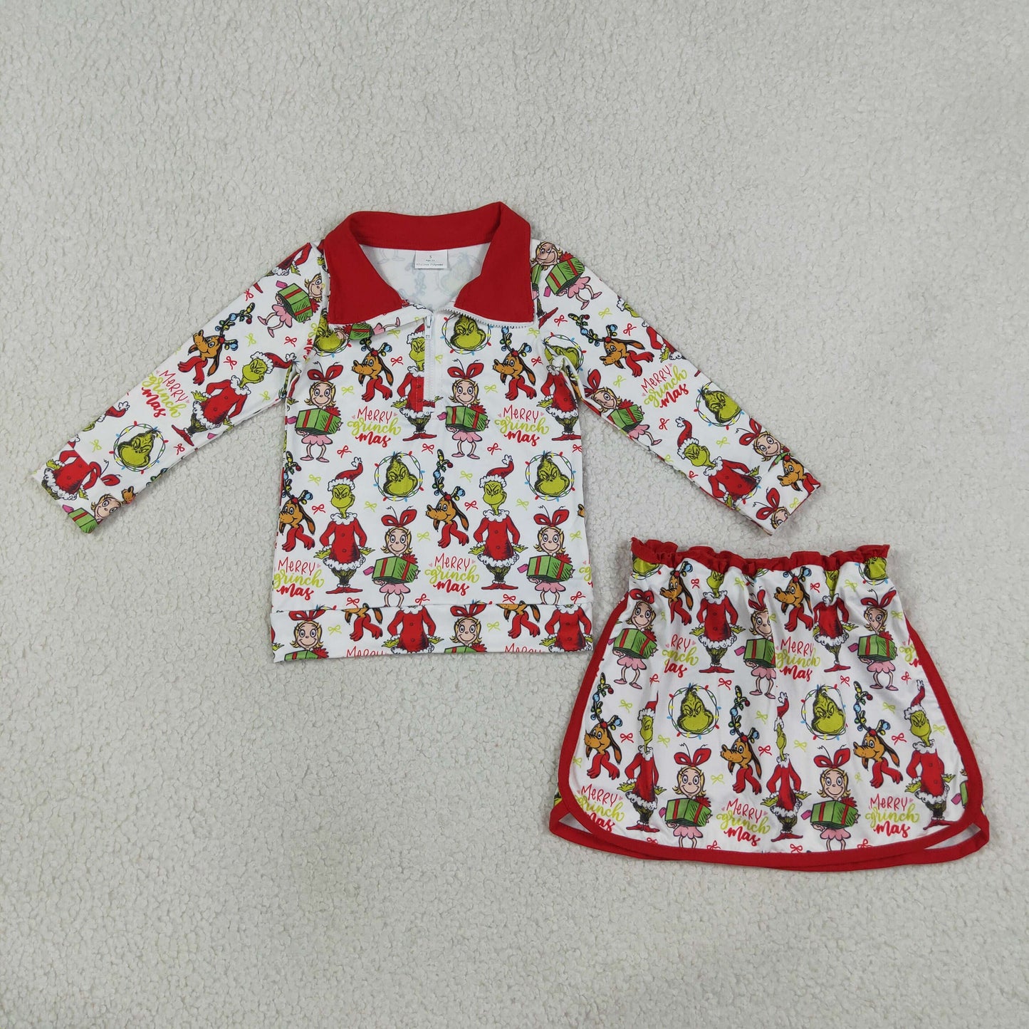RTS NO MOQ Sibling milk silk Baby Girls Long Sleeve Zip Top Skort Holiday Casual Christmas Clothes Set