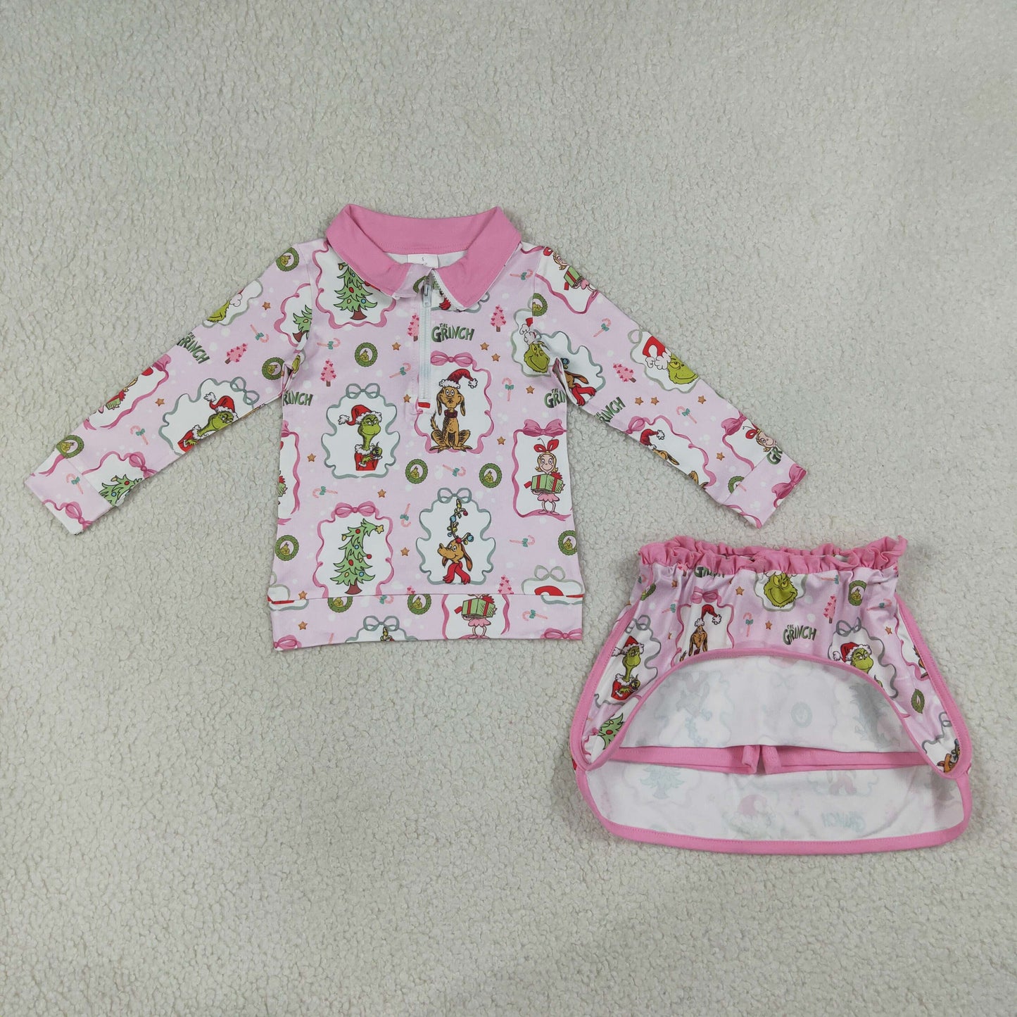 NEW RTS NO MOQ milk silk GLD1609 Baby Girls Christmas  Tree Print  Front Top Skort Two Piece Christmas Outfit Set