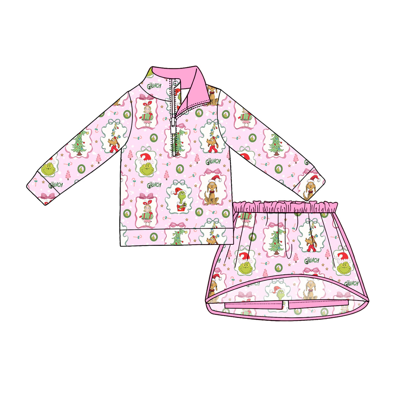 (Pre Order) No moq Baby Girls Cute Long Sleeve Zip Top Skirt Short Christmas Clothes Sets