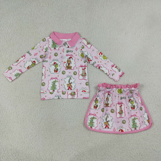 NEW RTS NO MOQ milk silk GLD1609 Baby Girls Christmas  Tree Print  Front Top Skort Two Piece Christmas Outfit Set