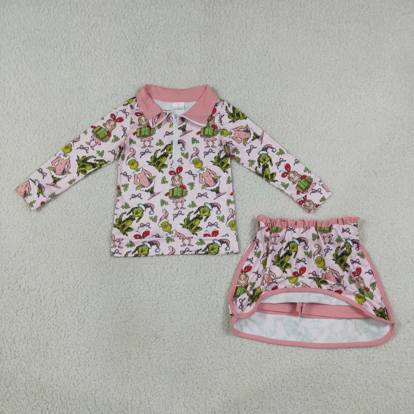 NEW RTS NO MOQ milk silk  GLD1610 Cute Clothes Baby Girls Christmas Zip Up Top Short Skirt Winter Christmas Holiday Clothes Set