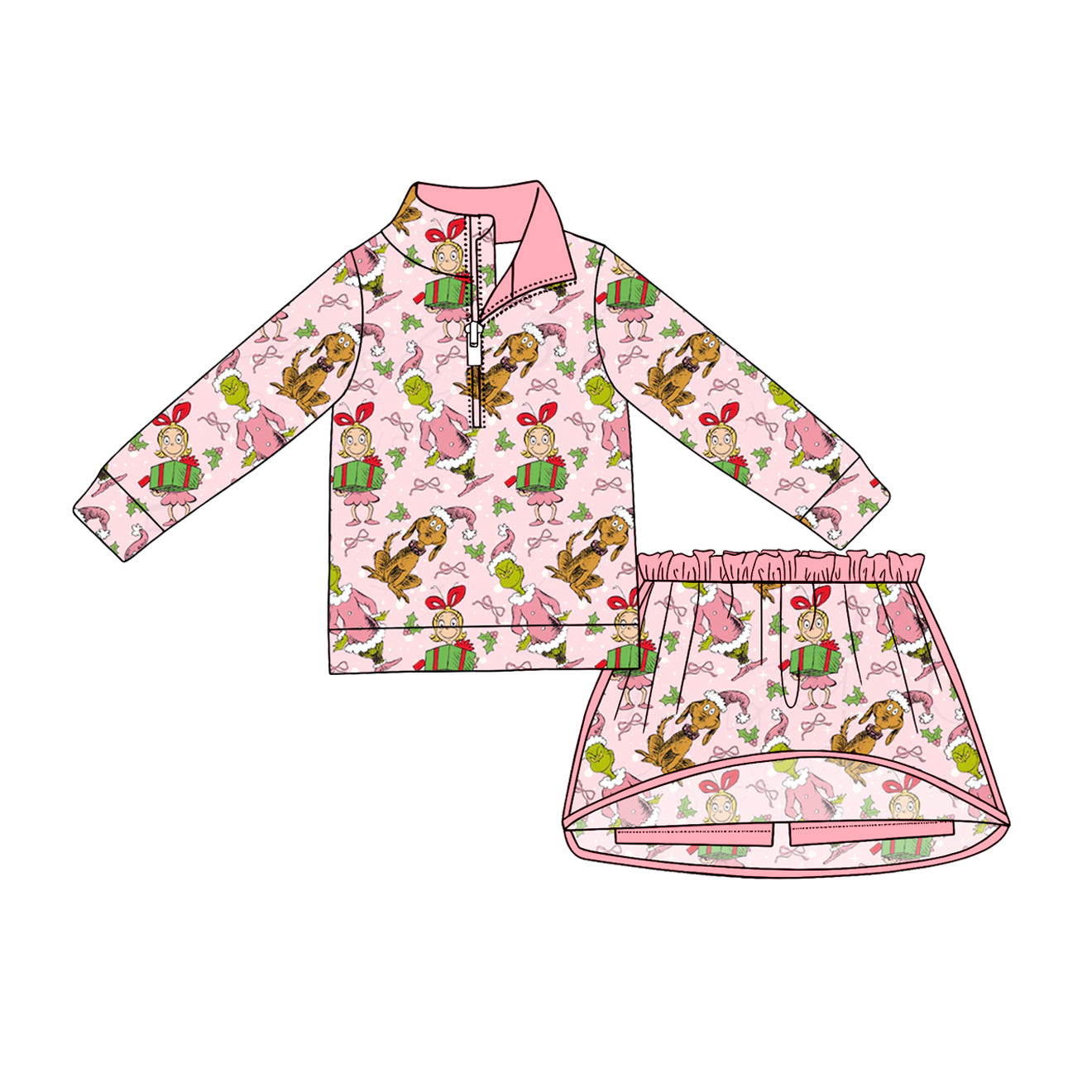 (Pre Order) No moq Baby Girls Cute Long Sleeve Zip Top Skirt Short Christmas Clothes Sets
