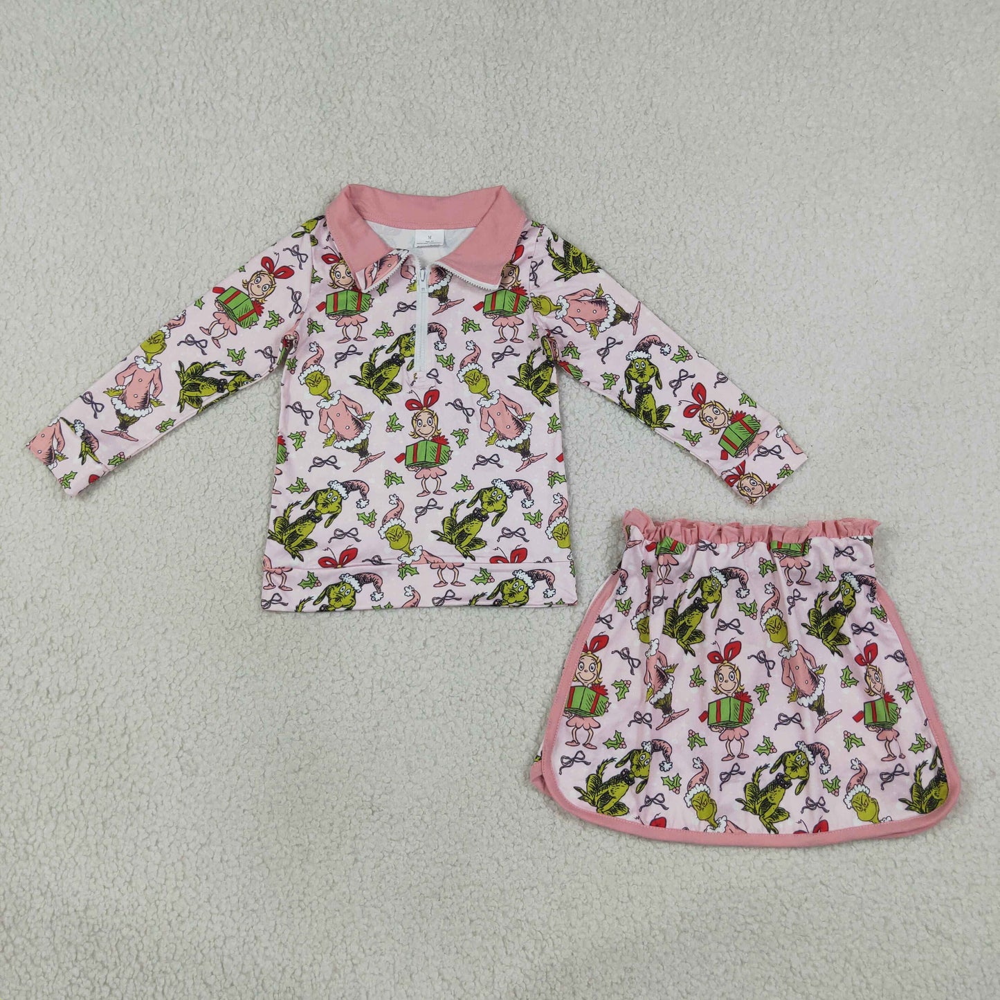 NEW RTS NO MOQ milk silk  GLD1610 Cute Clothes Baby Girls Christmas Zip Up Top Short Skirt Winter Christmas Holiday Clothes Set