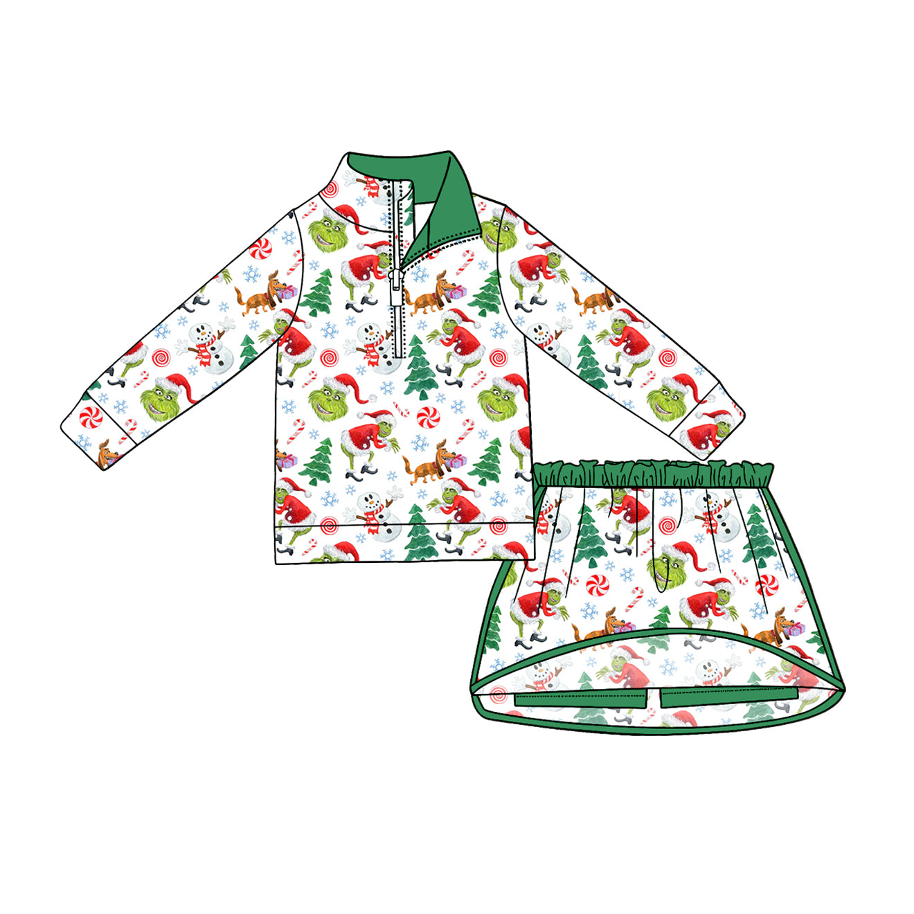 (Pre Order) No moq Baby Girls Cute Long Sleeve Zip Top Skirt Short Christmas Clothes Sets