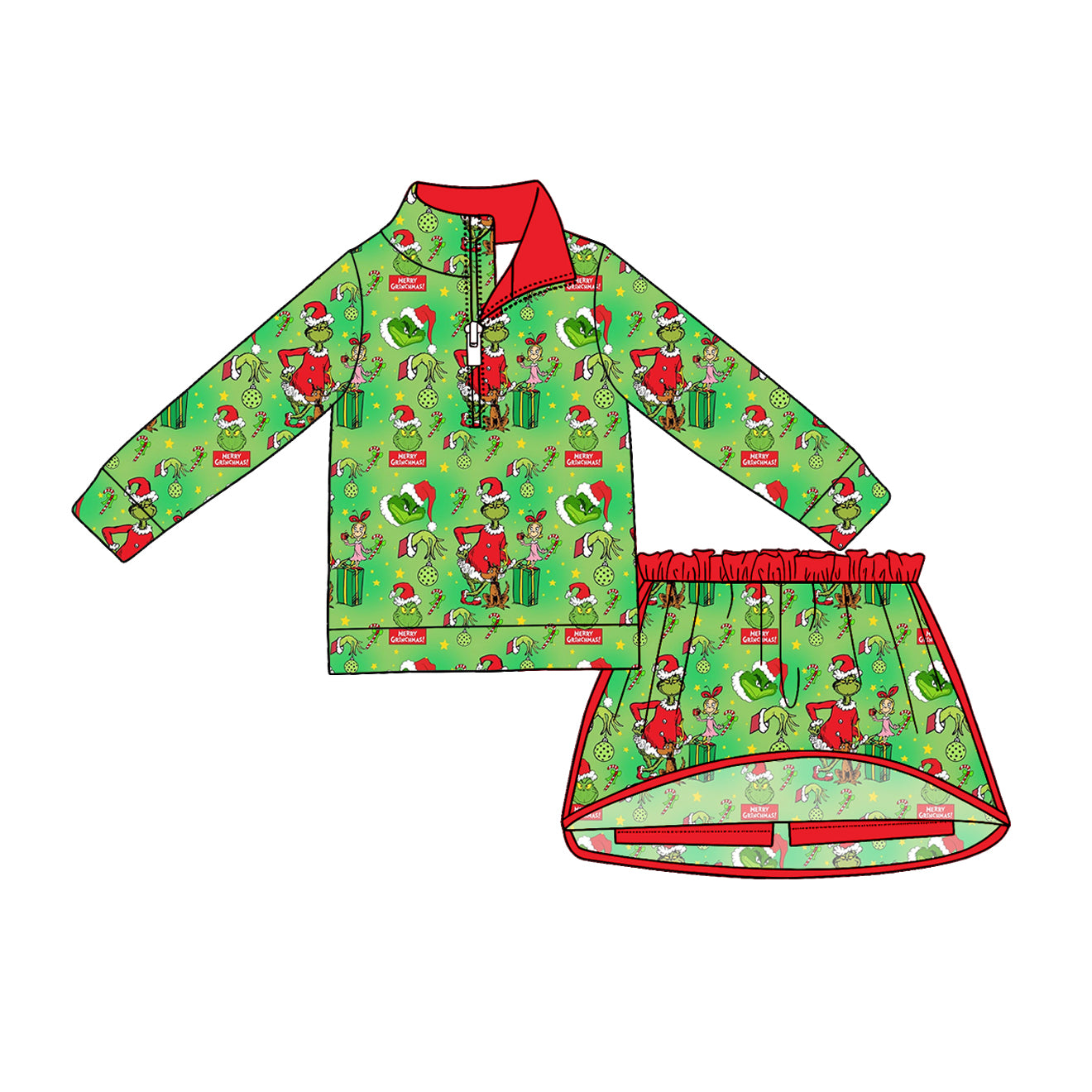 (Pre Order) No moq Baby Girls Cute Long Sleeve Zip Top Skirt Short Christmas Clothes Sets