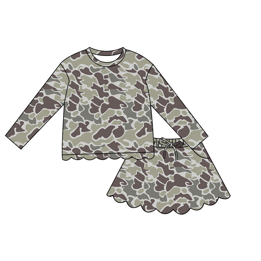 (Pre Order) No moq Baby Girls Casual Camo Long Sleeve Top Scallop Pockets Skirt Shorts Bottom Sets
