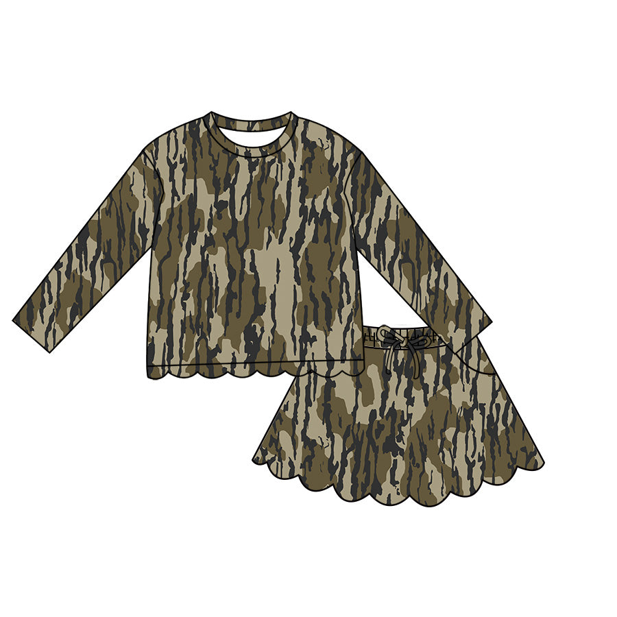 (Pre Order) No moq Baby Girls Casual Camo Long Sleeve Top Scallop Pockets Skirt Shorts Bottom Sets
