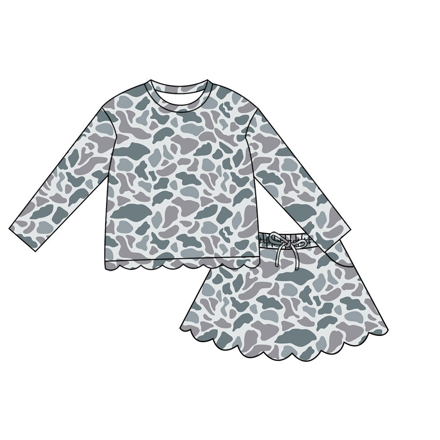 (Pre Order) No moq Baby Girls Casual Camo Long Sleeve Top Scallop Pockets Skirt Shorts Bottom Sets