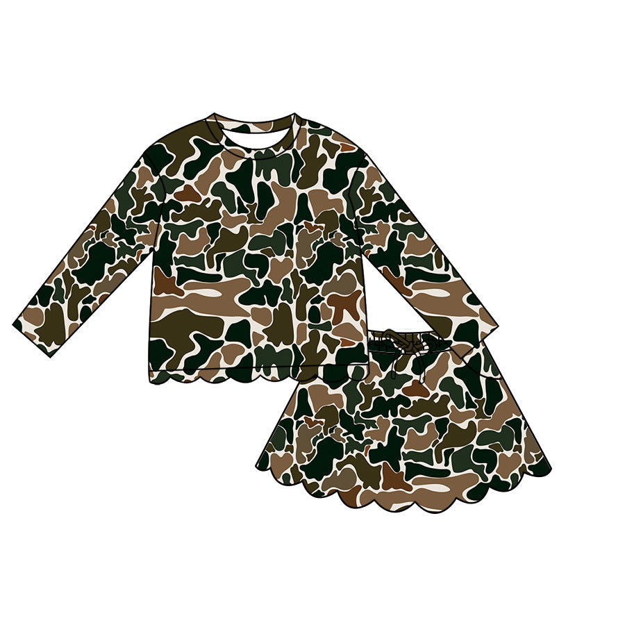 (Pre Order) No moq Baby Girls Casual Camo Long Sleeve Top Scallop Pockets Skirt Shorts Bottom Sets