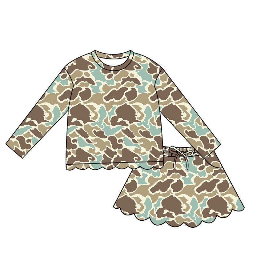 (Pre Order) No moq Baby Girls Casual Camo Long Sleeve Top Scallop Pockets Skirt Shorts Bottom Sets