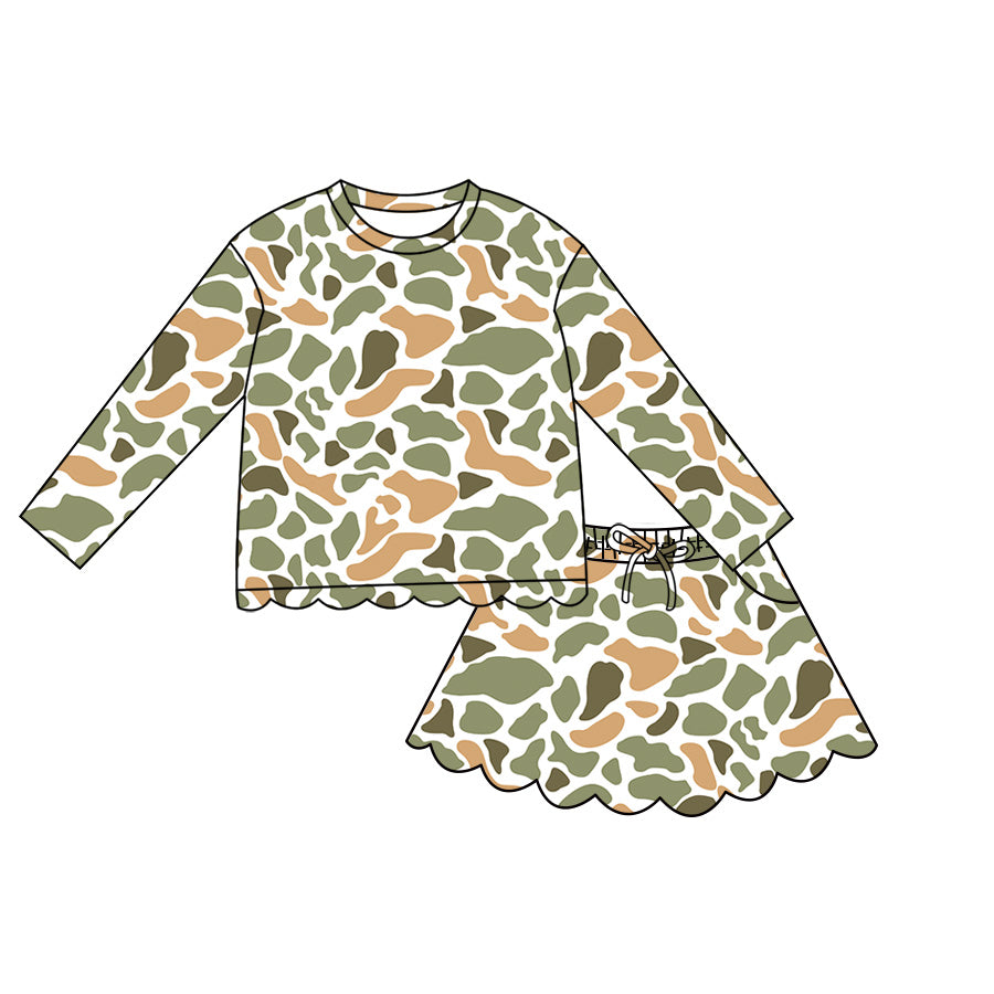 (Pre Order) No moq Baby Girls Casual Camo Long Sleeve Top Scallop Pockets Skirt Shorts Bottom Sets