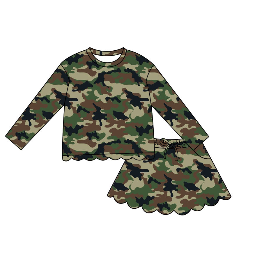 (Pre Order) No moq Baby Girls Casual Camo Long Sleeve Top Scallop Pockets Skirt Shorts Bottom Sets