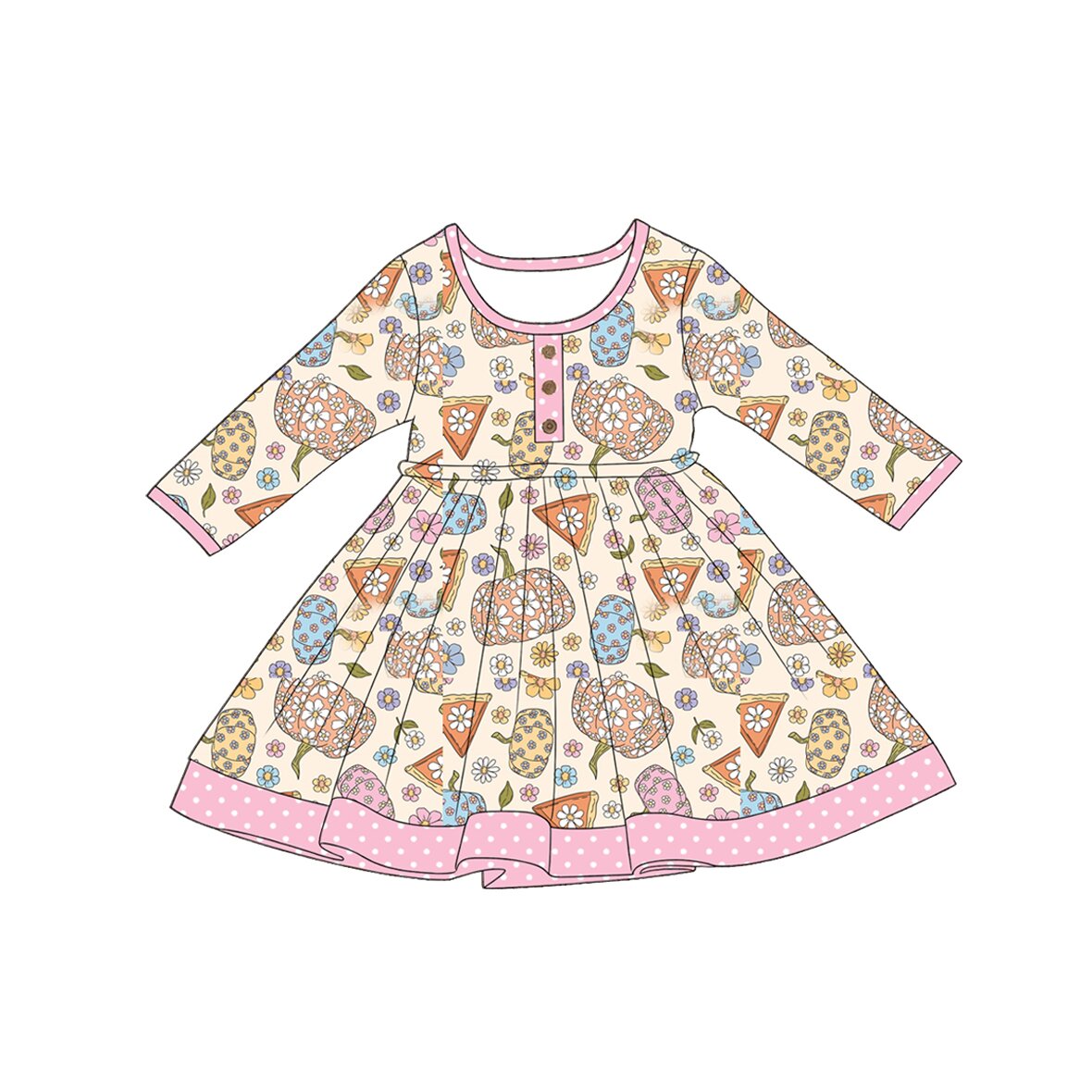 (Pre Order) No moq Baby Girls Cute Long Sleeve Bow Pumpkin Button Fall Dress