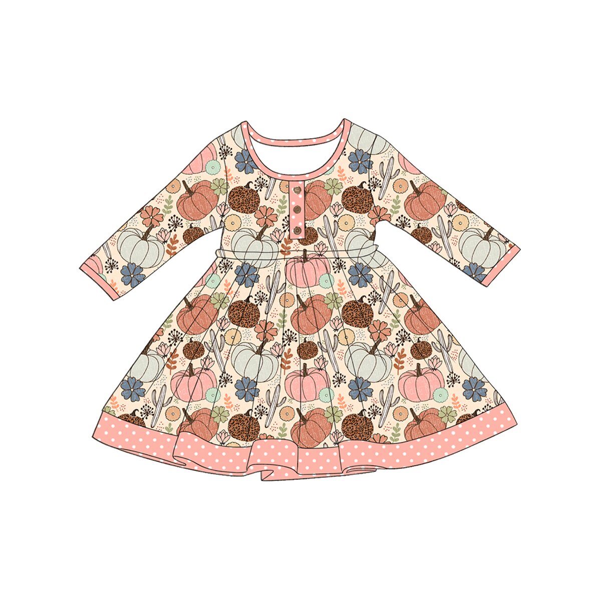 (Pre Order) No moq Baby Girls Cute Long Sleeve Bow Pumpkin Button Fall Dress