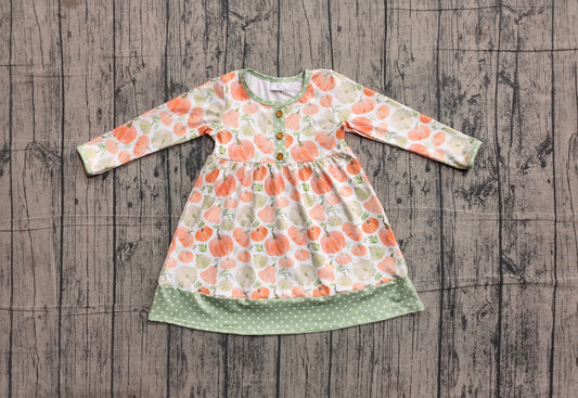 (Sample) No moq milk silk GLD1626 Baby Girls Long Sleeve Pumpkin Print Button Knee Length Dresses Fall Outfits