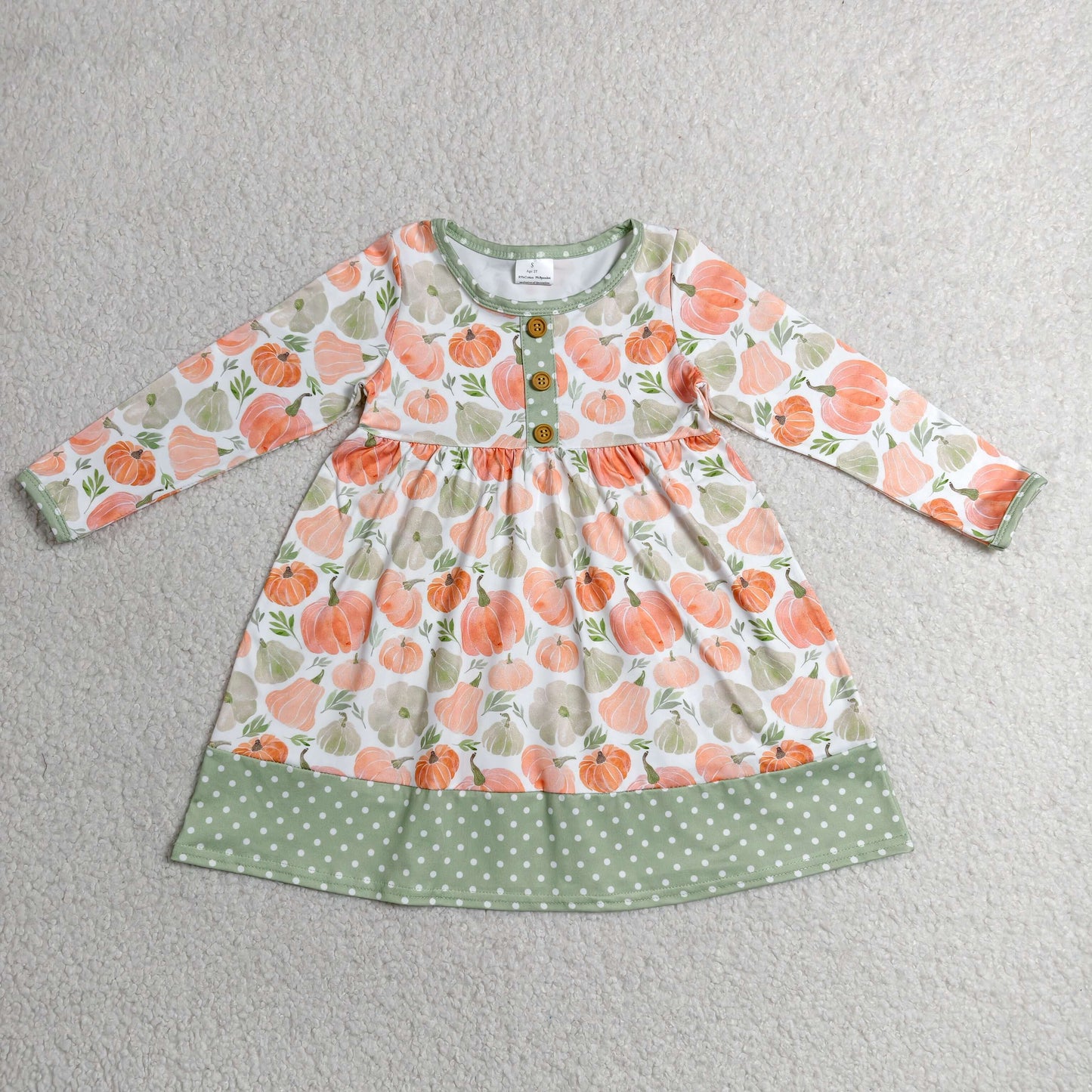 RTS NO MOQ milk silk GLD1626 Baby Girls Long Sleeve Pumpkin Print Button Knee Length Dresses