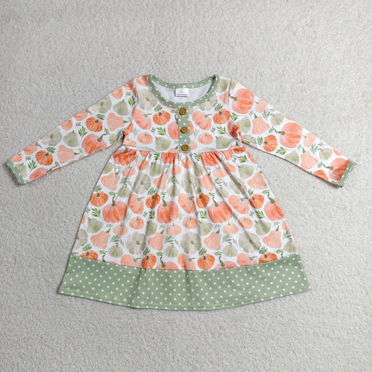 RTS NO MOQ milk silk GLD1626 Baby Girls Long Sleeve Pumpkin Print Button Knee Length Dresses