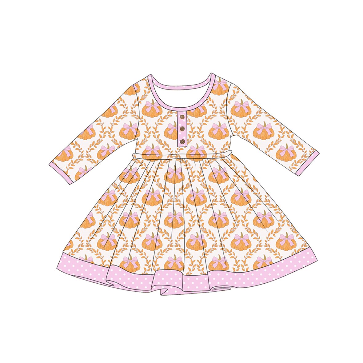 (Pre Order) No moq Baby Girls Cute Long Sleeve Bow Pumpkin Button Fall Dress
