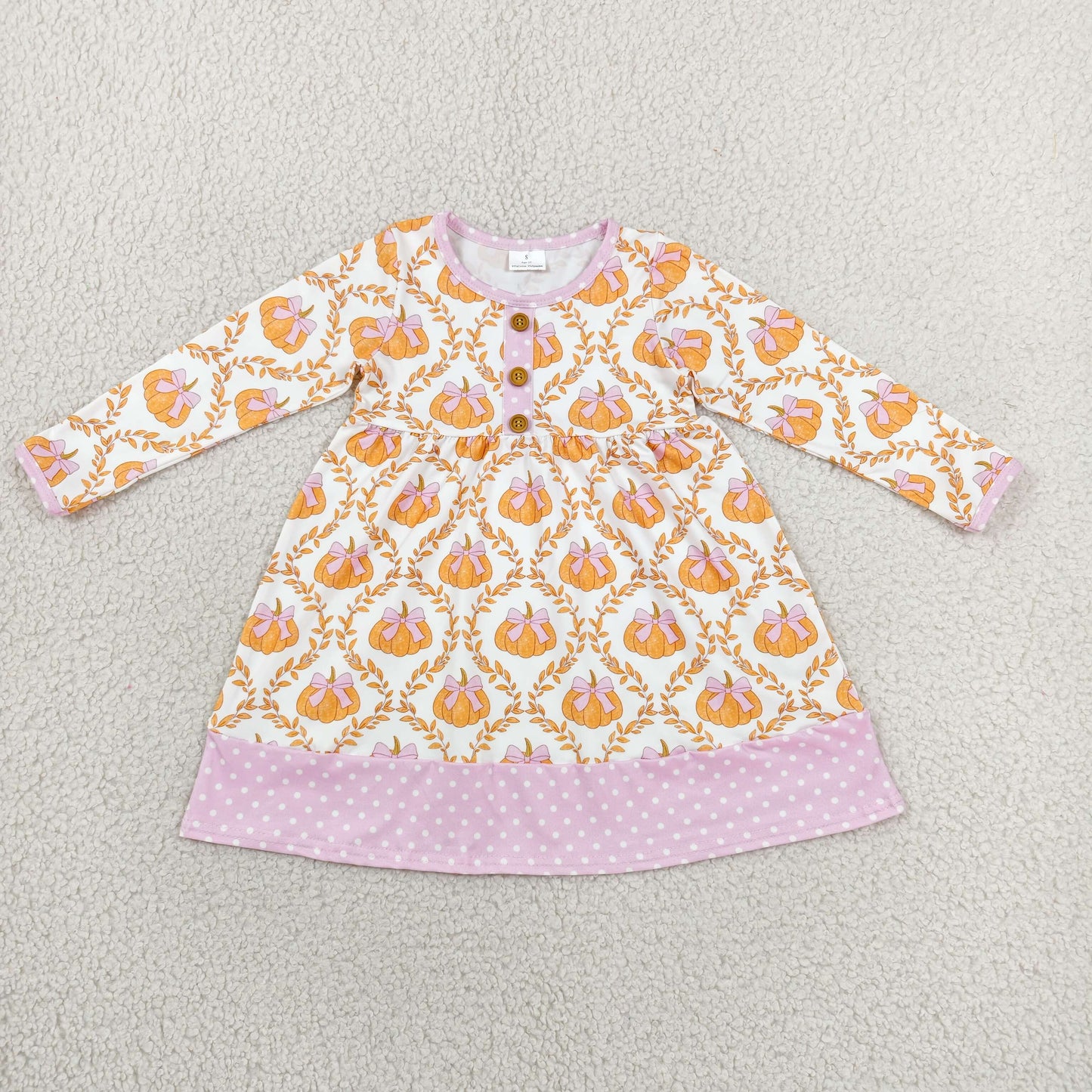 RTS NO MOQ milk silk GLD1627 Baby Girls Bows Pumpkin Long Sleeve Button Knee Length Dresses