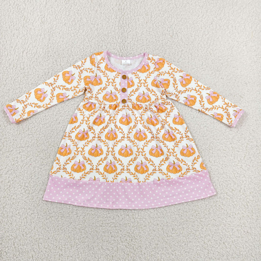 RTS NO MOQ milk silk GLD1627 Baby Girls Bows Pumpkin Long Sleeve Button Knee Length Dresses