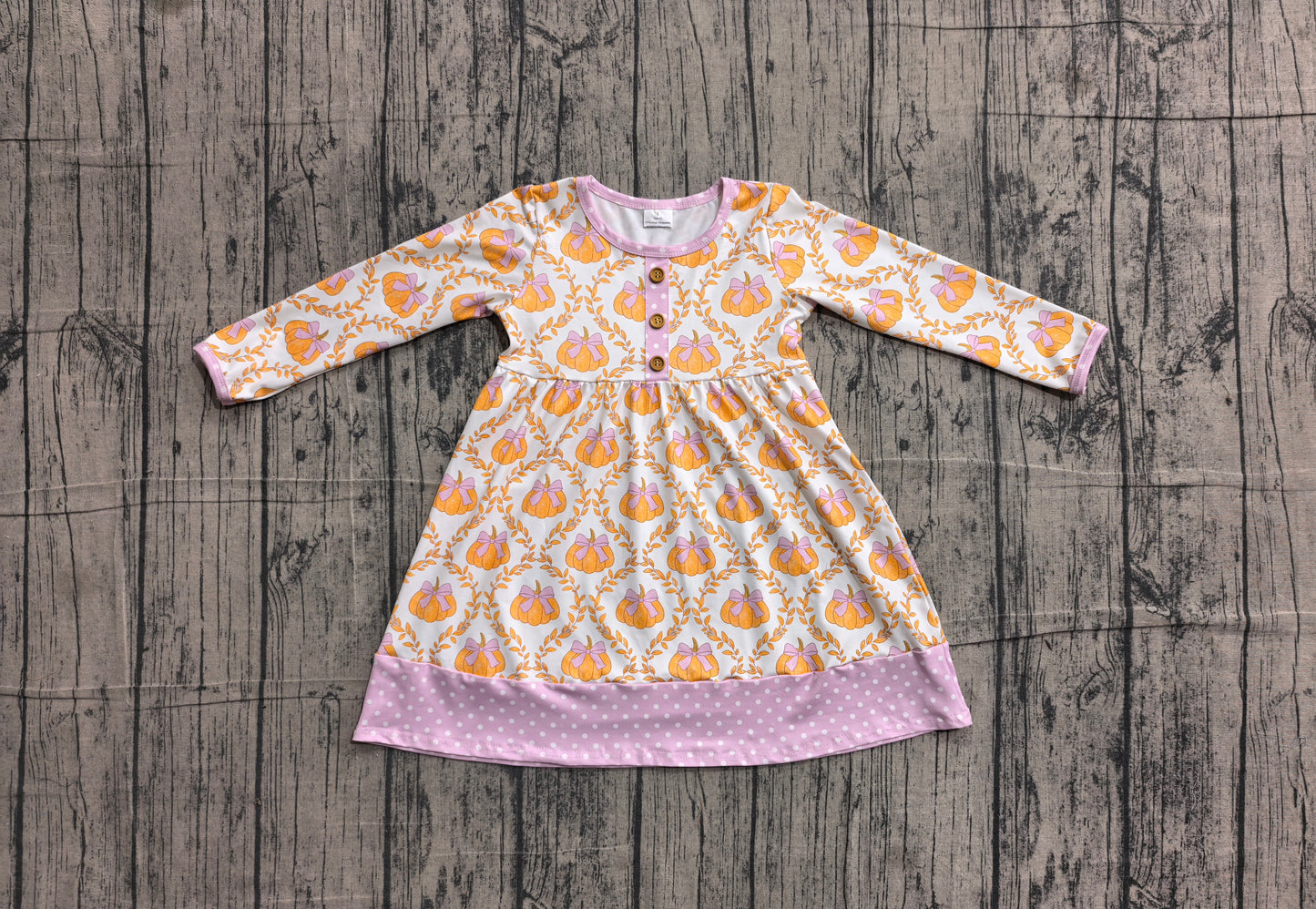 (Sample) No moq milk silk GLD1627 Baby Girls Cute Bows And Pumpkin Long Sleeve Button Knee Length Dresses