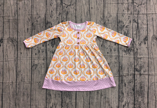 (Sample) No moq milk silk GLD1627 Baby Girls Cute Bows And Pumpkin Long Sleeve Button Knee Length Dresses