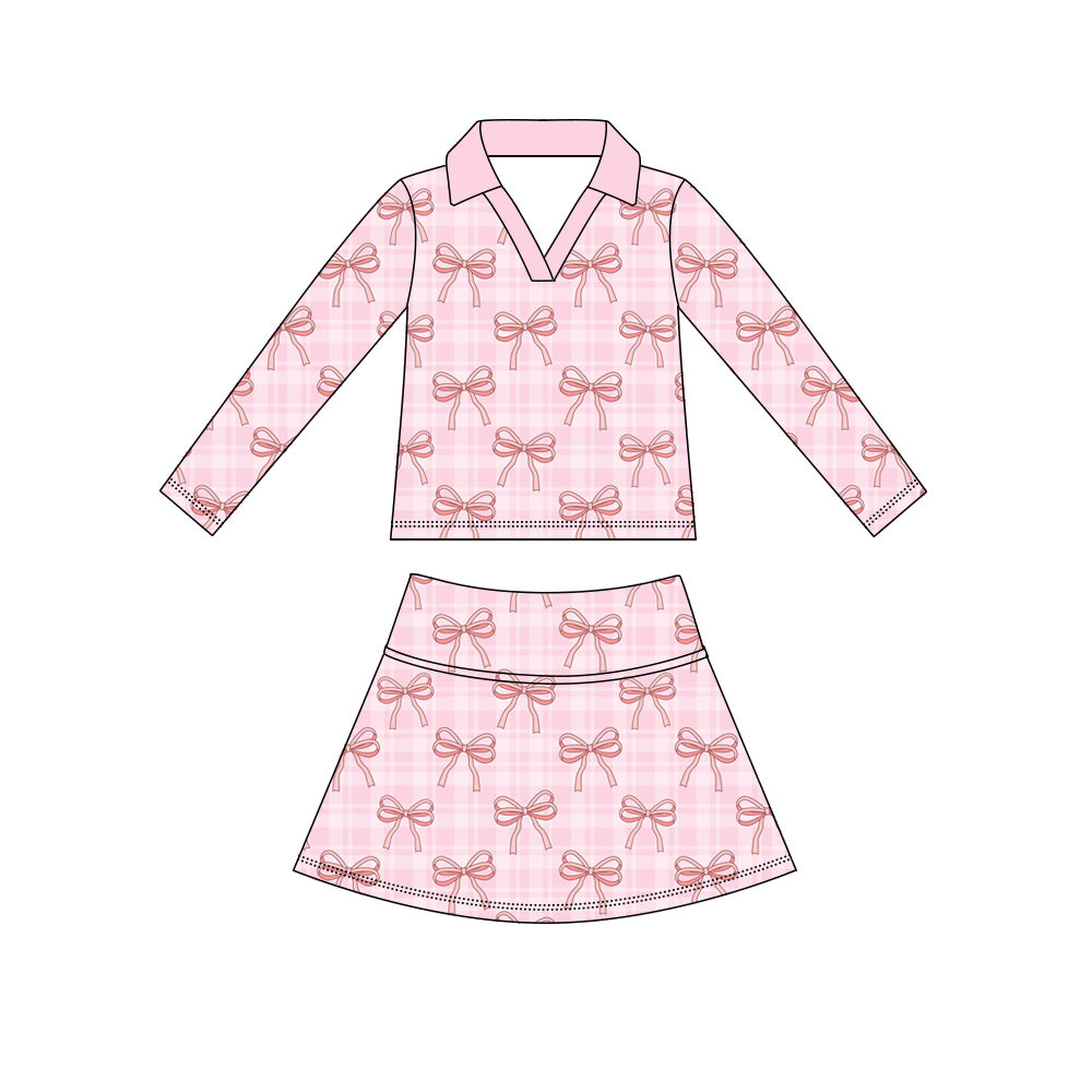 (Pre Order) No moq yoga fabric Baby Girls Floral Bow Print Long Sleeve Top Casual Yoga Skirt Set