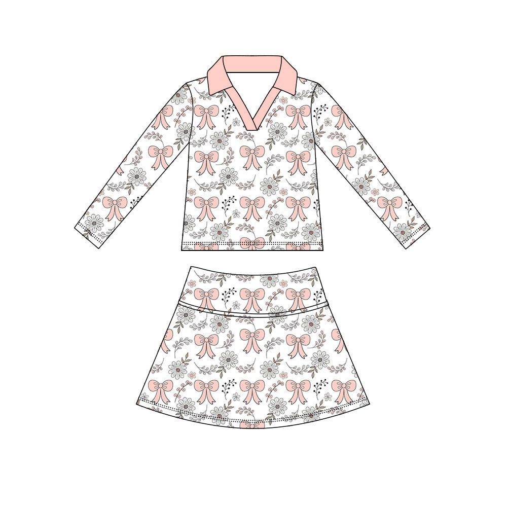 (Pre Order) No moq yoga fabric Baby Girls Floral Bow Print Long Sleeve Top Casual Yoga Skirt Set