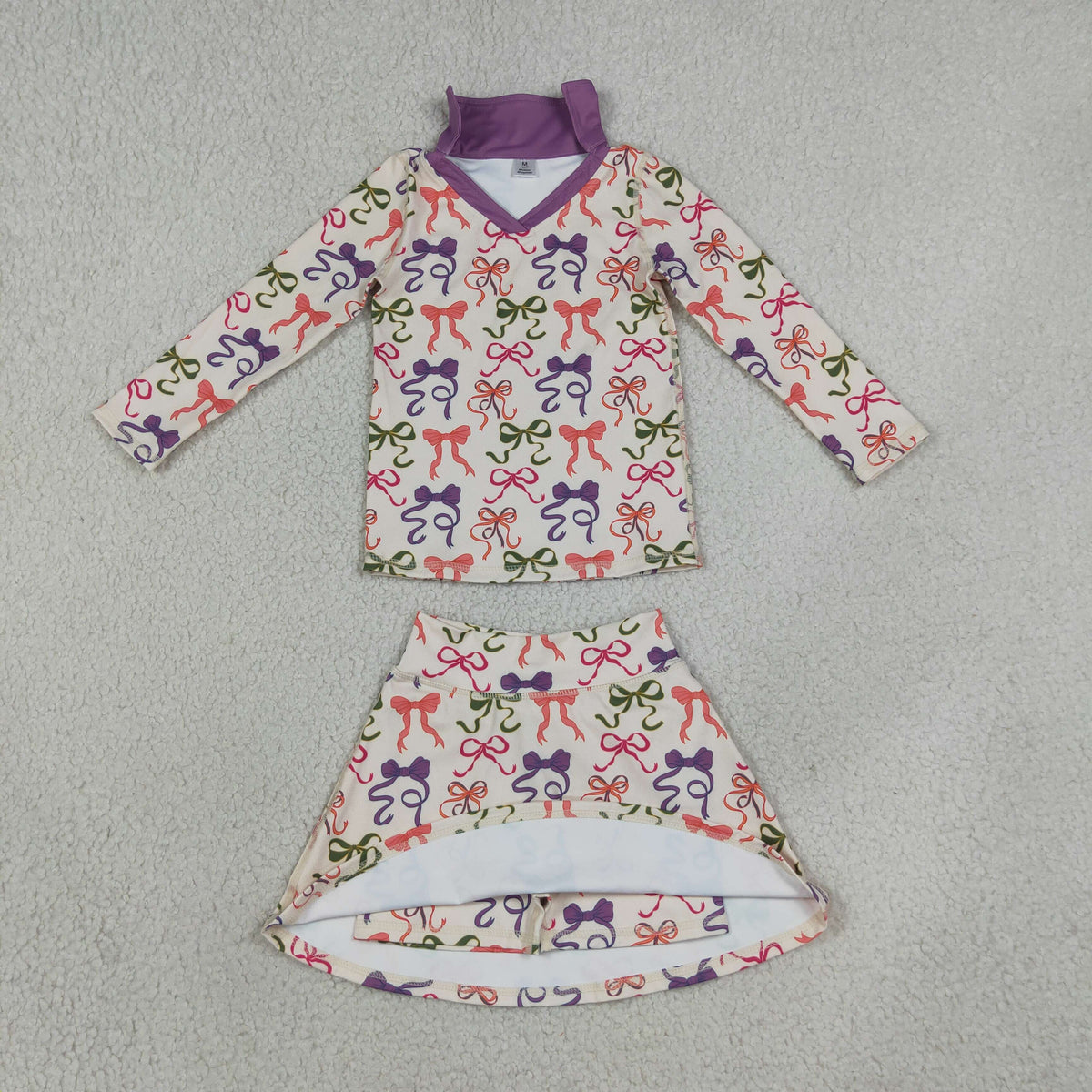 NEW RTS NO MOQ yoga fabric GLD1632 Yoga Baby Girls Colorful Bow Long Sleeve Top Short Skort Casual Active Sets