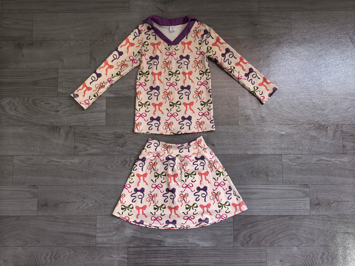 (Sample) No moq yoga fabric GLD1632 Yoga Baby Girls Cute Colorful Bow Long Sleeve Top Short Skort Casual Yoga Active Sets