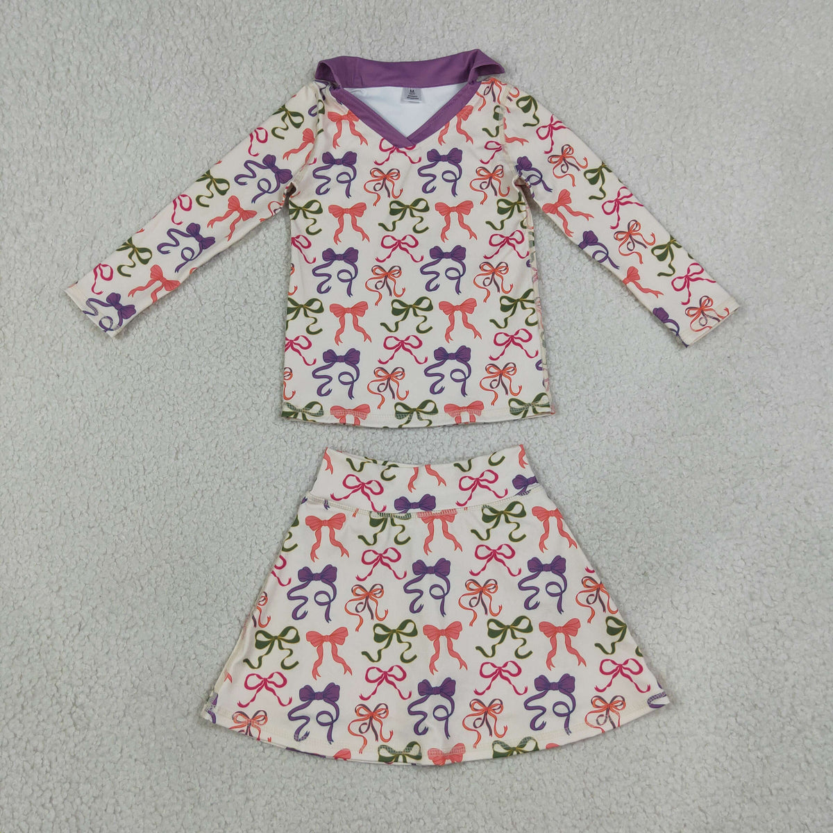 NEW RTS NO MOQ yoga fabric GLD1632 Yoga Baby Girls Colorful Bow Long Sleeve Top Short Skort Casual Active Sets