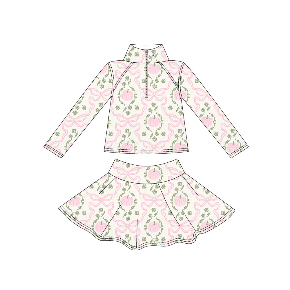 (Pre Order) No moq yoga fabric Baby Girls Pumpkin Bow Printed Halloween Long Sleeve Top Short Skirt Active Wear Set