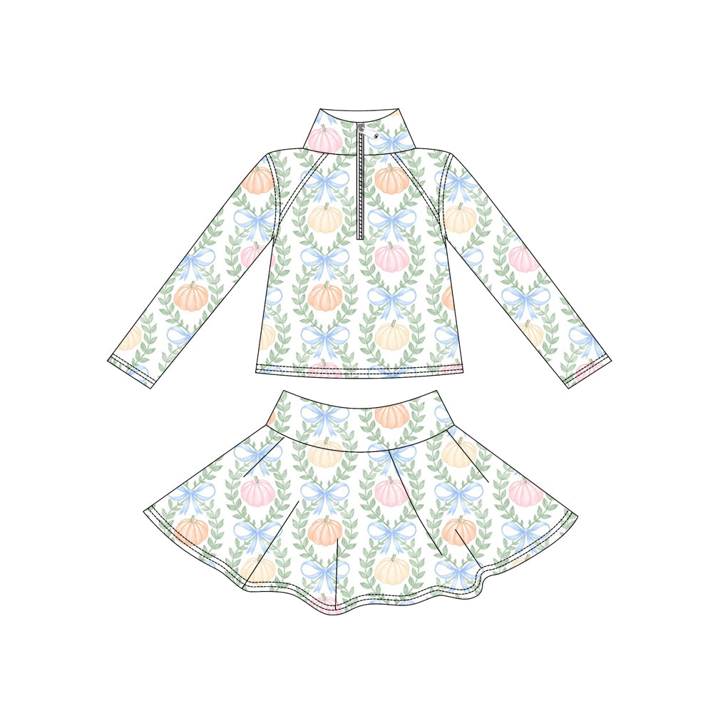 (Pre Order) No moq yoga fabric Baby Girls Pumpkin Bow Printed Halloween Long Sleeve Top Short Skirt Active Wear Set