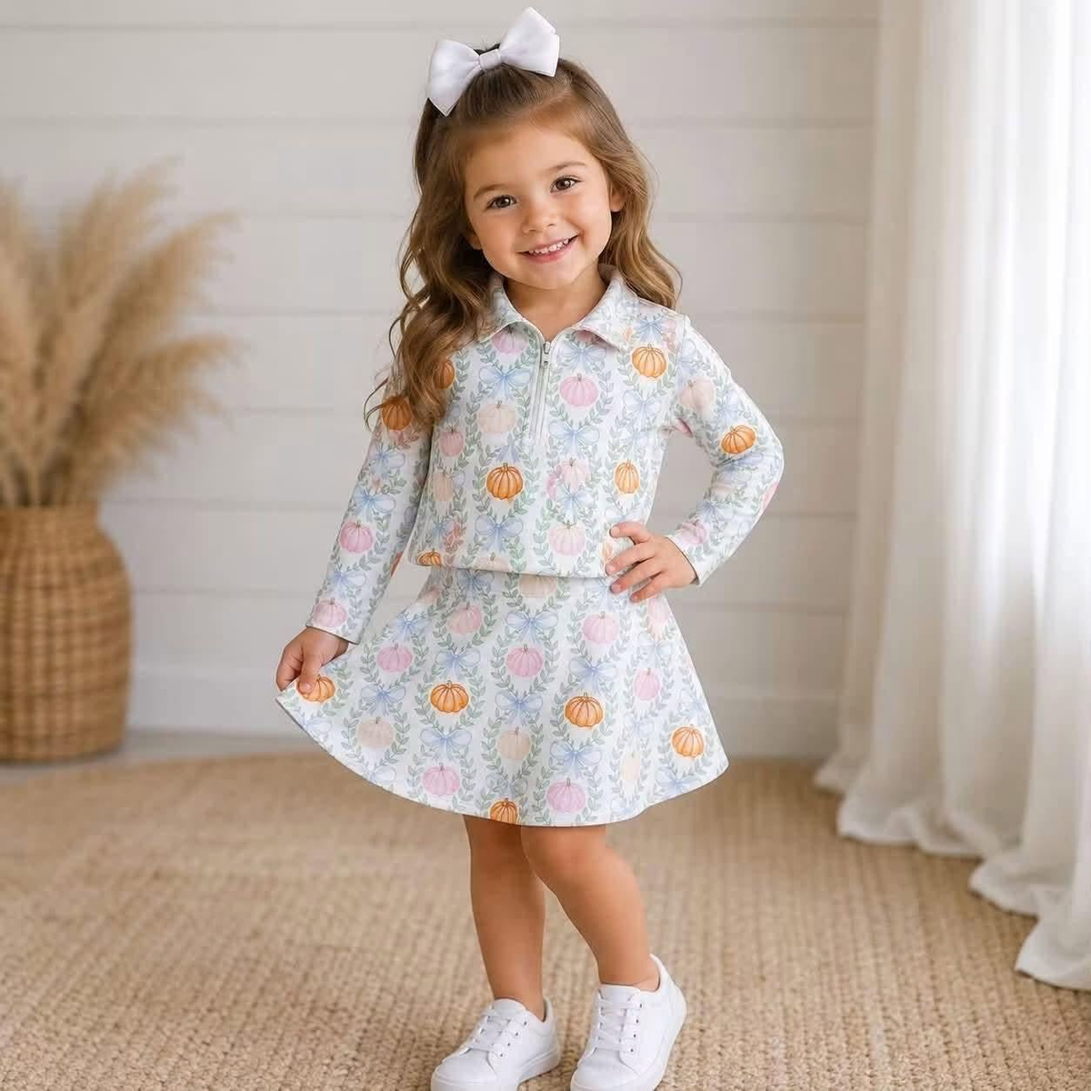 RTS NO MOQ yoga fabric GLD1635 （GT1705+GLK0317）Baby Girls Colorful Pumpkin Bow Zip Pullover Short Skirt Yoga Active Sets