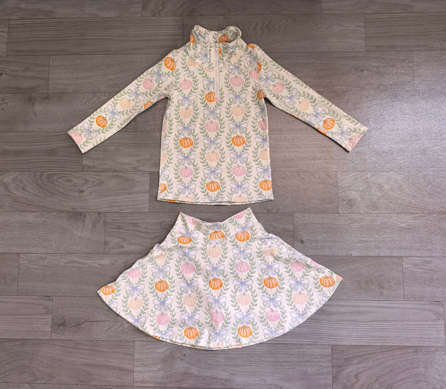 (Sample) No moq yoga fabric GLD1635 （GT1705+GLK0317）Baby Girls Colorful Pumpkin Bow Zip Pullover Short Skirt Yoga Active Sets