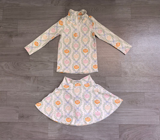 (Sample) No moq yoga fabric GLD1635 （GT1705+GLK0317）Baby Girls Colorful Pumpkin Bow Zip Pullover Short Skirt Yoga Active Sets